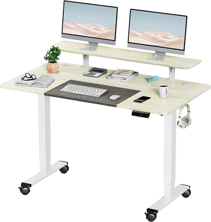 WOKA 55 x 28 Inch Electric Standing Desk with Wheels, Height Adjustable Stand up Desk with a Monitor Stand Riser, Standing Computer Desk with Memory Controllers, Adjustable Desks for Home Office