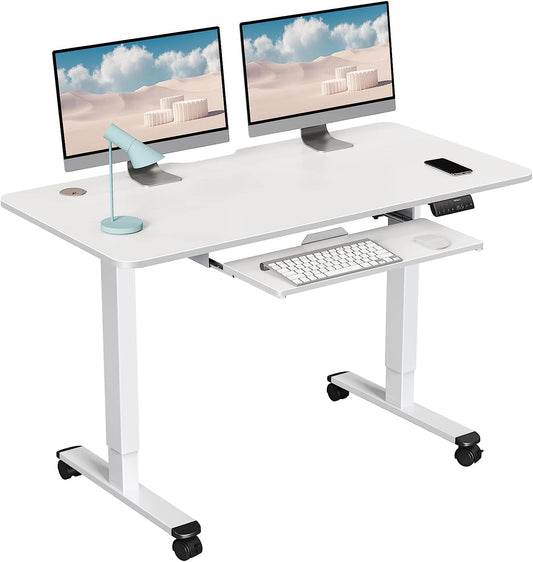 WOKA Electric Standing Desk Adjustable Height, 48 x 24 Inches Stand up Desk with Keyboard Tray, Sit Stand Desk with Memory Controller for Home Office, Motorized Desk with Splice Board, White