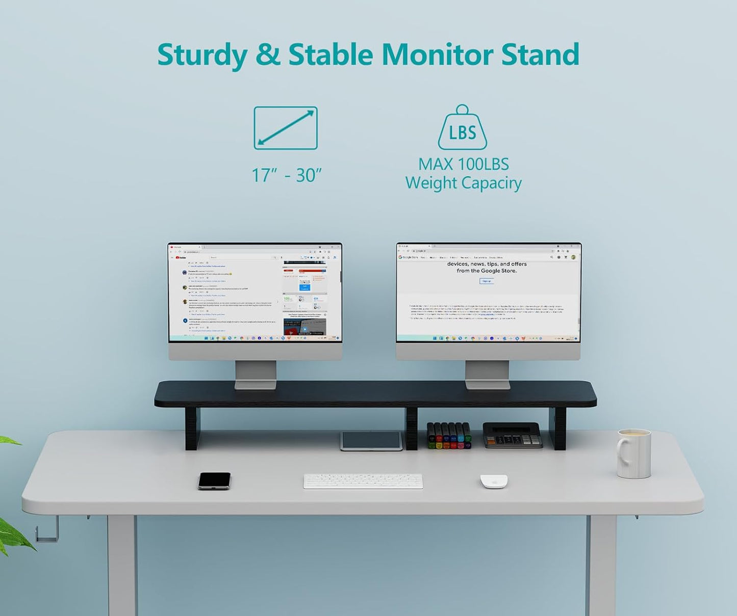 Zimilar Dual Monitor Stand Riser, Large Wood Computer Monitor Riser, Extra Long Monitor Stand for 2 Monitors with Storage for Office Accessories(Black)