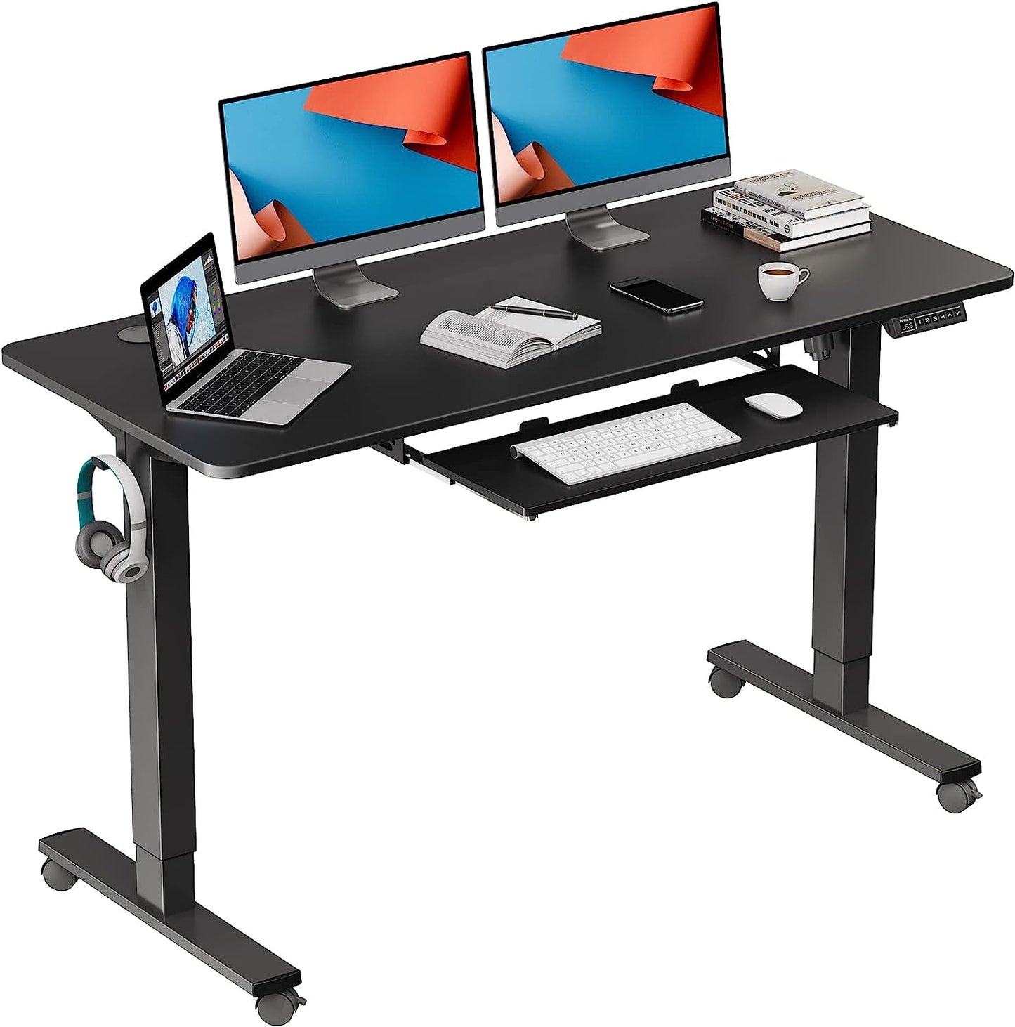 WOKA Electric Standing Desk with Keyboard Tray, 55" x 24" Stand Up Desk, Height Adjustable Sit Stand Desk with Memory Controller for Home Office, Motorized Desk with Splice Board, Black