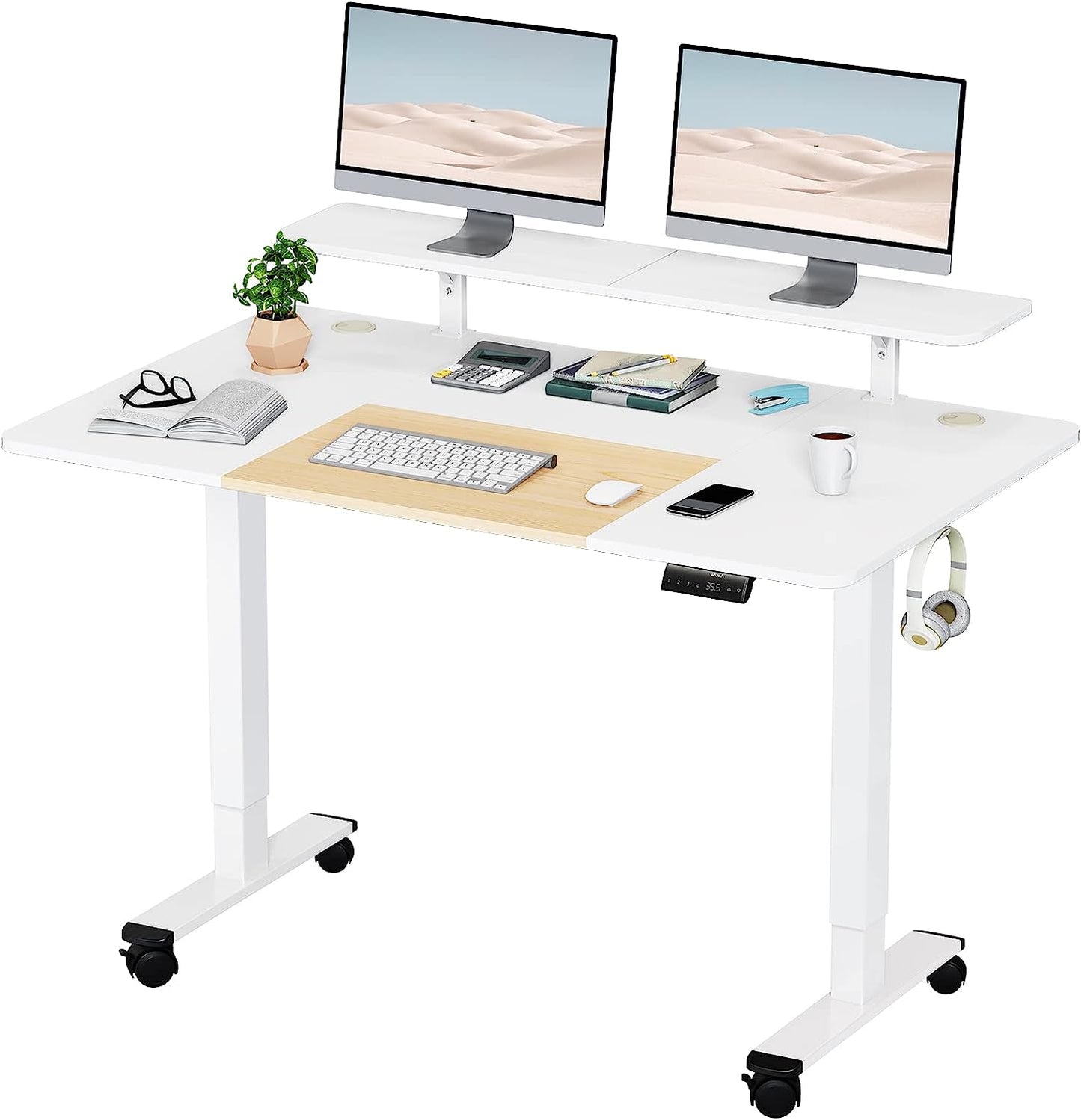 WOKA 55 x 28 Inch Electric Standing Desk with Wheels, Height Adjustable Stand up Desk with a Monitor Stand Riser, Standing Computer Desk with Memory Controllers, Adjustable Desks for Home Office