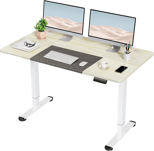 WOKA 55 x 28 Inch Electric Standing Desk, Height Adjustable Stand Up Desk, Sit Stand Desk with Memory Controllers, Adjustable Desks for Home Office with White and Grey Top and White Frame