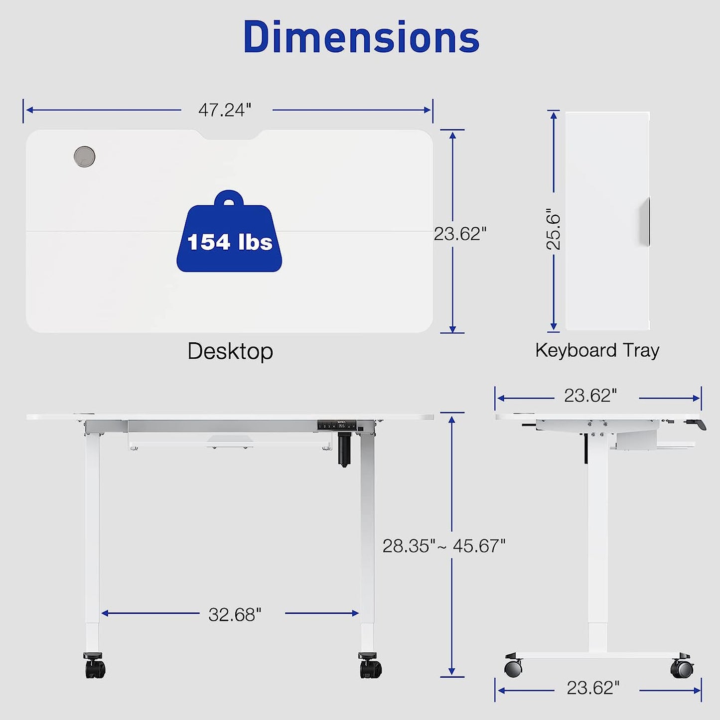 WOKA Electric Standing Desk Adjustable Height, 48 x 24 Inches Stand up Desk with Keyboard Tray, Sit Stand Desk with Memory Controller for Home Office, Motorized Desk with Splice Board, White