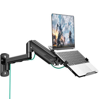 MOUNT PRO Laptop Wall Mount, 2-in-1 Monitor Wall Mount with Vented Tray for 12-17" Notebook/13-32" Computer Screen, Full Motion Adjustable Laptop Holder Stand, Gas Spring Laptop Arm Holds 4.4-22 lbs