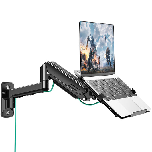 MOUNT PRO Laptop Wall Mount, 2-in-1 Monitor Wall Mount with Vented Tray for 12-17" Notebook/13-32" Computer Screen, Full Motion Adjustable Laptop Holder Stand, Gas Spring Laptop Arm Holds 4.4-22 lbs
