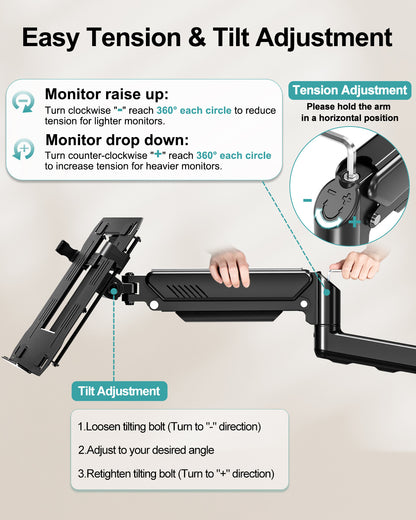 MOUNT PRO Laptop Wall Mount, 2-in-1 Monitor Wall Mount with Vented Tray for 12-17" Notebook/13-32" Computer Screen, Full Motion Adjustable Laptop Holder Stand, Gas Spring Laptop Arm Holds 4.4-22 lbs