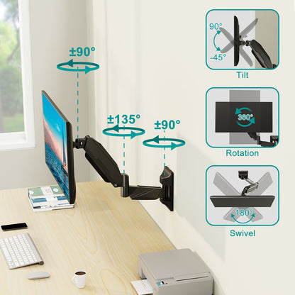 MOUNT PRO Monitor Wall Mount for 13 to 32 Inch Computer Screens, Single Monitor Arm with Tilt/Swivel/Rotation Adjustable, Gas Spring Wall Monitor Mount Holds up to 17.6lbs, Vesa Wall Mount 100x100