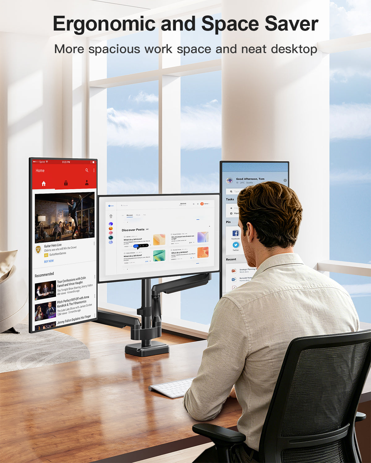 MOUNT PRO Triple Monitor Mount for Max 32" Screens, Up to 19.8lbs Each Adjustable 3 Monitor Desk Mount with Swivel, Tilt, Rotation, Full Motion Gas Spring Heavy Duty Arm, VESA 75x75/100x100mm