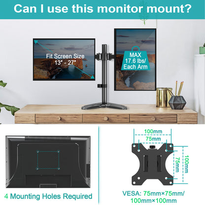 MOUNT PRO Dual Monitor Mount, Free Standing Monitor Stand for 2 Monitors fit 13-27” Screen, Monitor Arm Holds Max 17.6lbs, Monitor Desk Mount with Height Adjustable, Swivel, VESA Mount 75x75 100x100