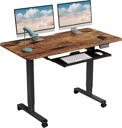 WOKA Electric Standing Desk Adjustable Height, 48 x 24 Inches Stand up Desk with Keyboard Tray, Sit Stand Desk with Memory Controller for Home Office, Motorized Desk with Splice Board, Rustic Brown