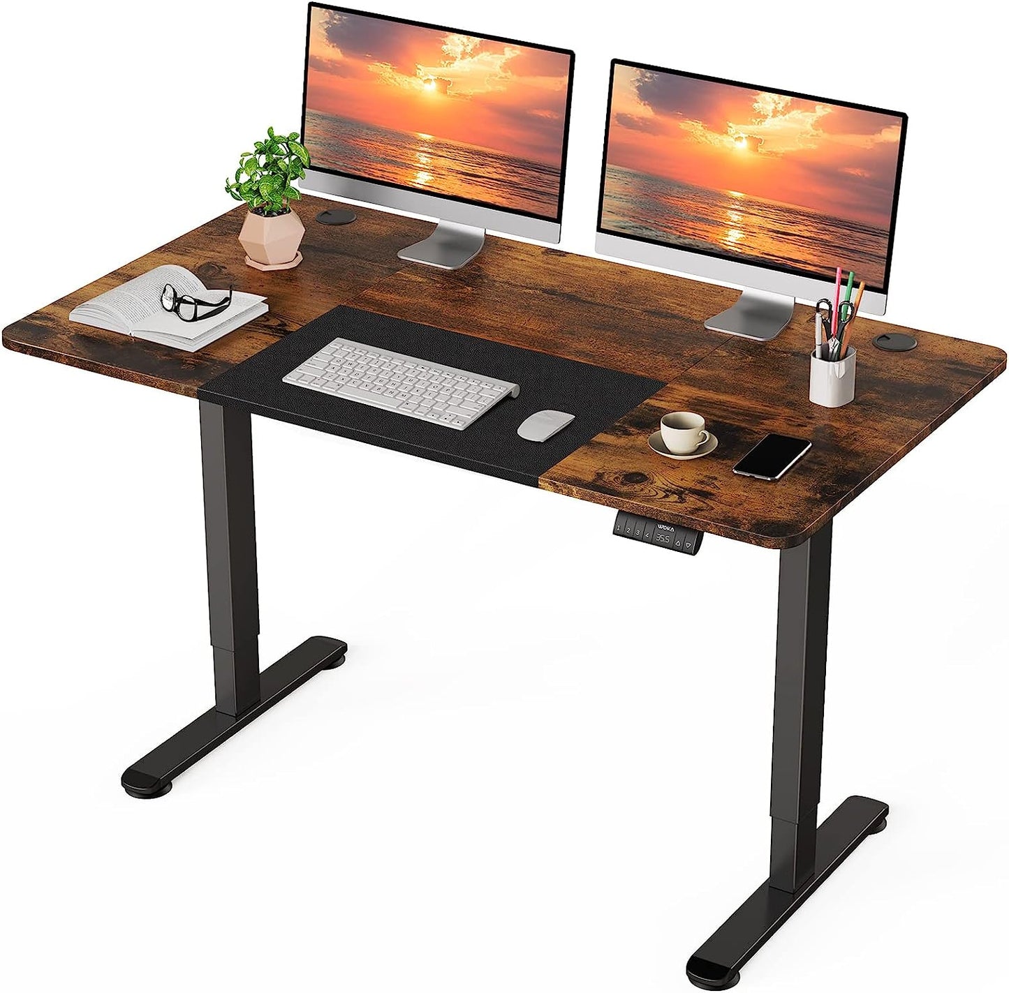 WOKA 55 x 28 Inch Electric Standing Desk, Height Adjustable Stand up Desk, Sit Stand Desk with Memory Controllers, Adjustable Desks for Home Office with Rustic and Black Top and Black Frame