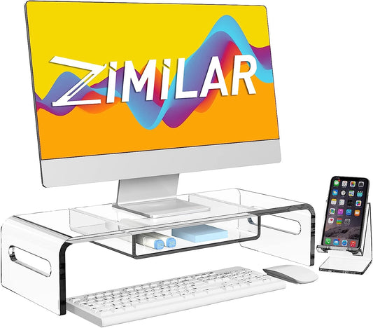 Zimilar 20 inch Large Monitor Stand Riser with Phone Stand, Crystal Acrylic Monitor Stand with Keyboard Storage, Premium Clear Computer Stand Riser, Clear Acrylic Laptop Stand with Storage Drawer