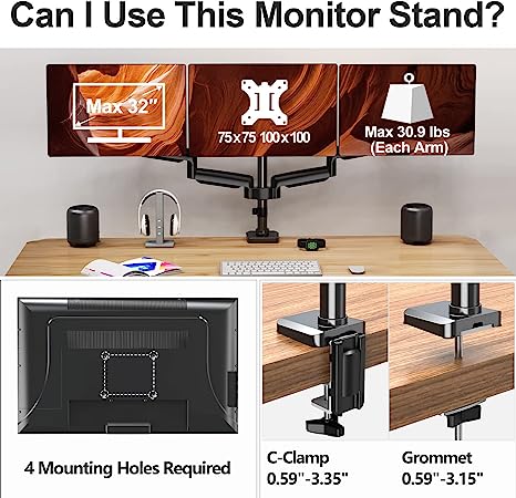 MOUNT PRO Triple Monitor Mount, 3 Monitor Desk Mount for There Screens up to 32 Inch, Full Motion Gas Spring Triple Monitor Stand, Heavy Duty Monitor Arm Hold up to 30.9lbs Each, VESA Mount, Black