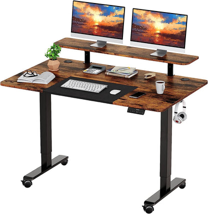 WOKA 55 x 28 Inch Electric Standing Desk with Wheels, Height Adjustable Stand up Desk with a Monitor Stand Riser, Standing Computer Desk with Memory Controllers, Adjustable Desks for Home Office