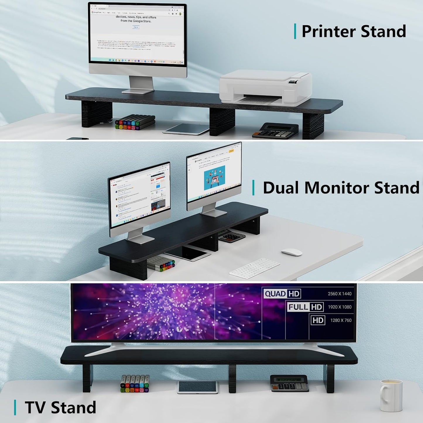 Zimilar Dual Monitor Stand Riser, Large Wood Computer Monitor Riser, Extra Long Monitor Stand for 2 Monitors with Storage for Office Accessories(Black)