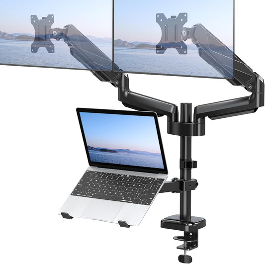 MOUNT PRO Monitor and Laptop Mount, Gas Spring Dual Monitor Arm Fit Two Max 27inch Computer Screens, Monitor Mount with Laptop Tray for max 17 Inch Notebooks, 3-in-1 Laptop and Monitor Desk Mount
