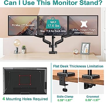 MOUNT PRO Triple Monitor Mount, 3 Monitor Desk Arm fits Three Max 27" LCD Computer Screens, up to 19.8lbs Each, Premium Gas Spring Monitor Stand with Tilt Swivel Rotation, Vesa Mount 75x75,100x100