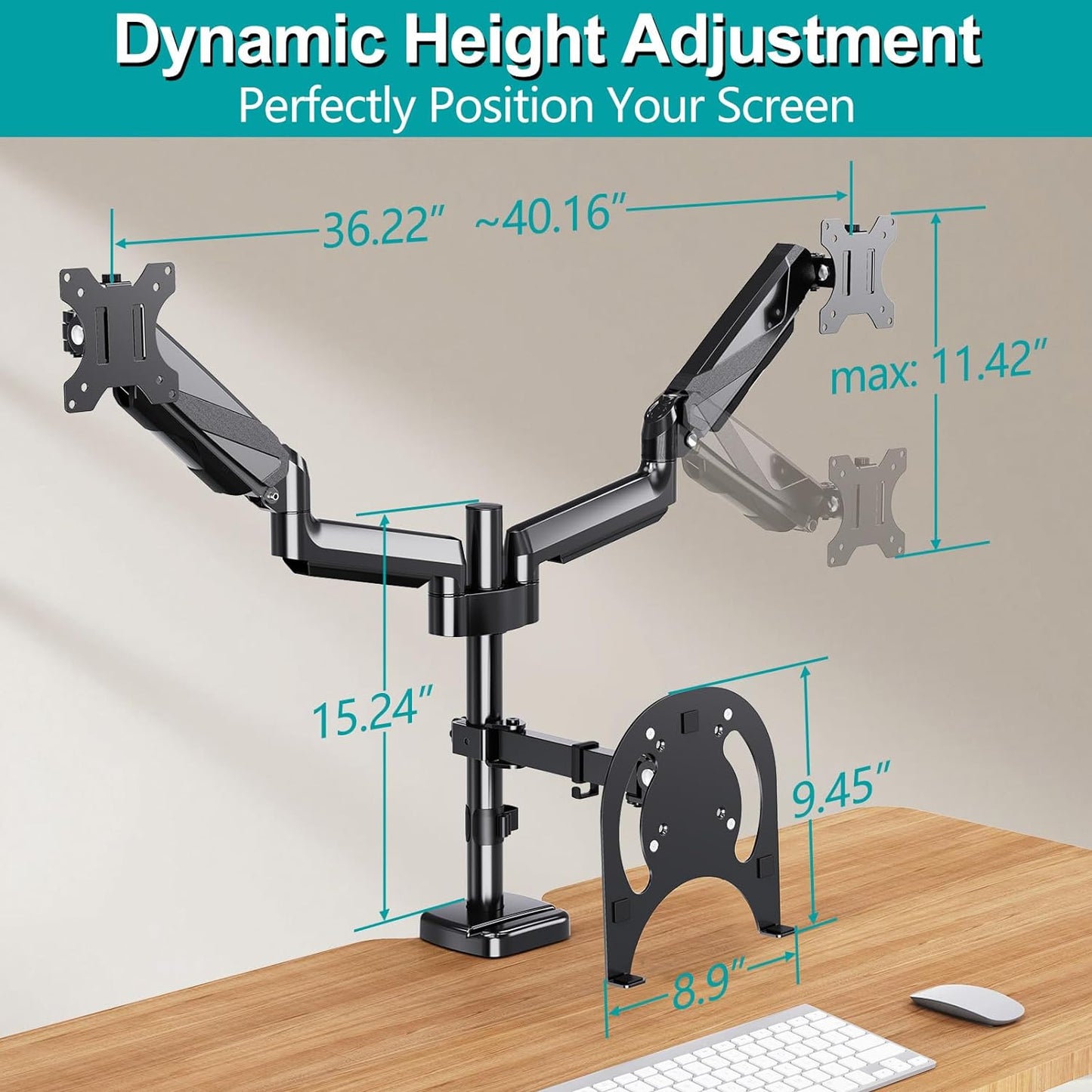 MOUNT PRO Monitor and Laptop Mount, Gas Spring Dual Monitor Arm Fit Two Max 27inch Computer Screens, Monitor Mount with Laptop Tray for max 17 Inch Notebooks, 3-in-1 Laptop and Monitor Desk Mount