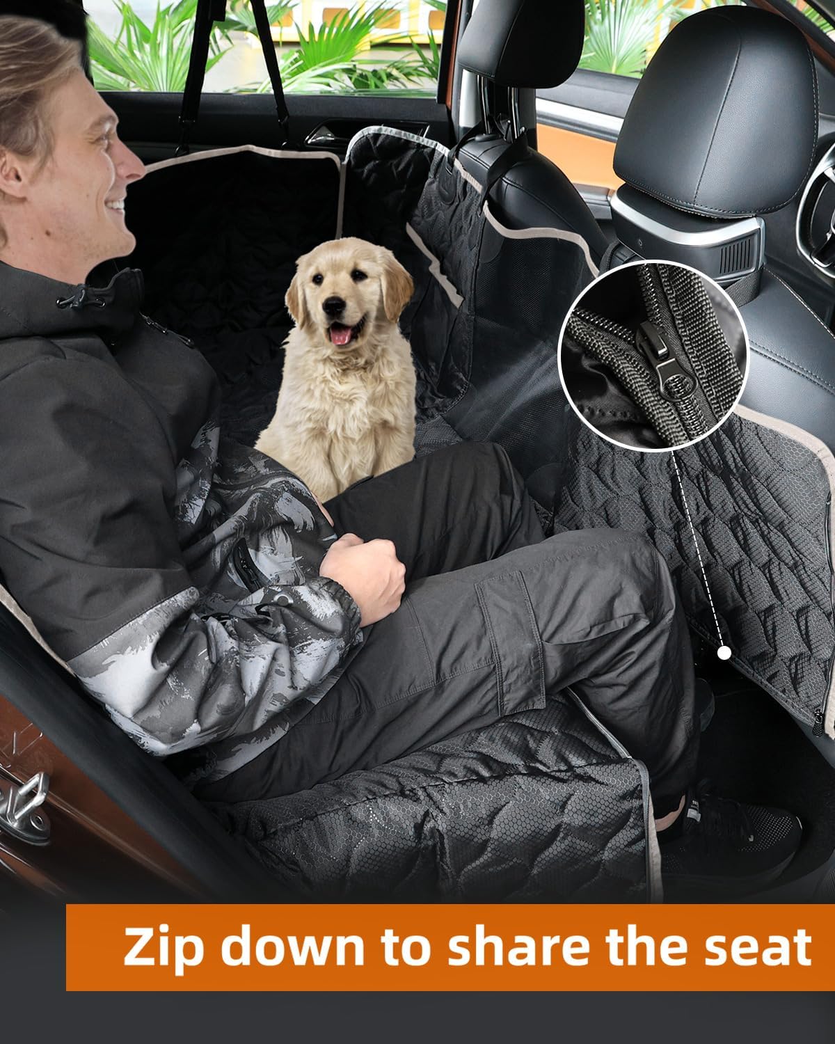 PETICON Dog Car Seat Cover for Back Seat, Waterproof Dog Seat Cover for Cars with Mesh Window, Scratchproof Back Seat Cover for Dogs, Nonslip Dog Hammock for Cars, Trucks, SUVs, Black and Beige