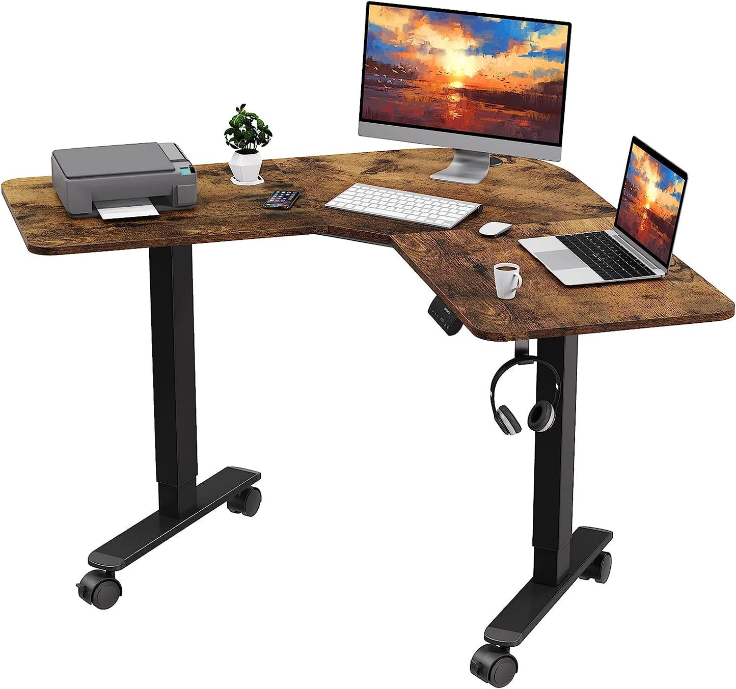 WOKA L Shaped Standing Desk, 48” x 48“ Height Adjustable Electric Stand Up Desk, Sit Stand Desk with Memory Controller for Home Office, Motorized Corner Standing Desk with Splice Board, Rustic Brown