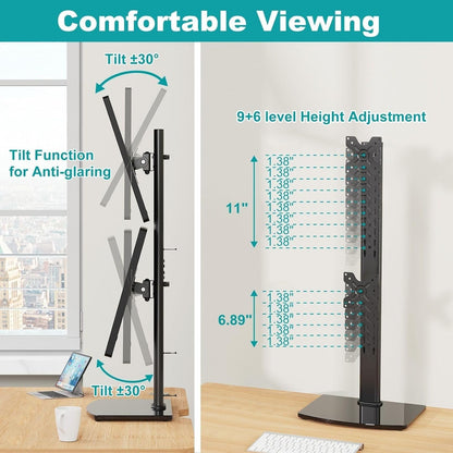 MOUNT PRO Vertical Dual Monitor Stand for 2 Computer Screen up to 32 Inch/33lbs Each, Stacked Monitor Mount, Free-Standing Monitor Desk stand with Swivel, Tilt, Height Adjustable, VESA Stand 100 x 100