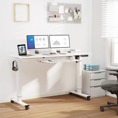 WOKA Electric Standing Desk with Keyboard Tray, 55" x 24" Stand Up Desk, Height Adjustable Sit Stand Desk with Memory Controller for Home Office, Motorized Desk with Splice Board, White