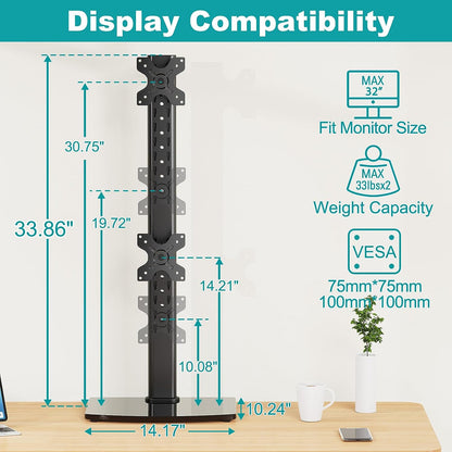 MOUNT PRO Vertical Dual Monitor Stand for 2 Computer Screen up to 32 Inch/33lbs Each, Stacked Monitor Mount, Free-Standing Monitor Desk stand with Swivel, Tilt, Height Adjustable, VESA Stand 100 x 100