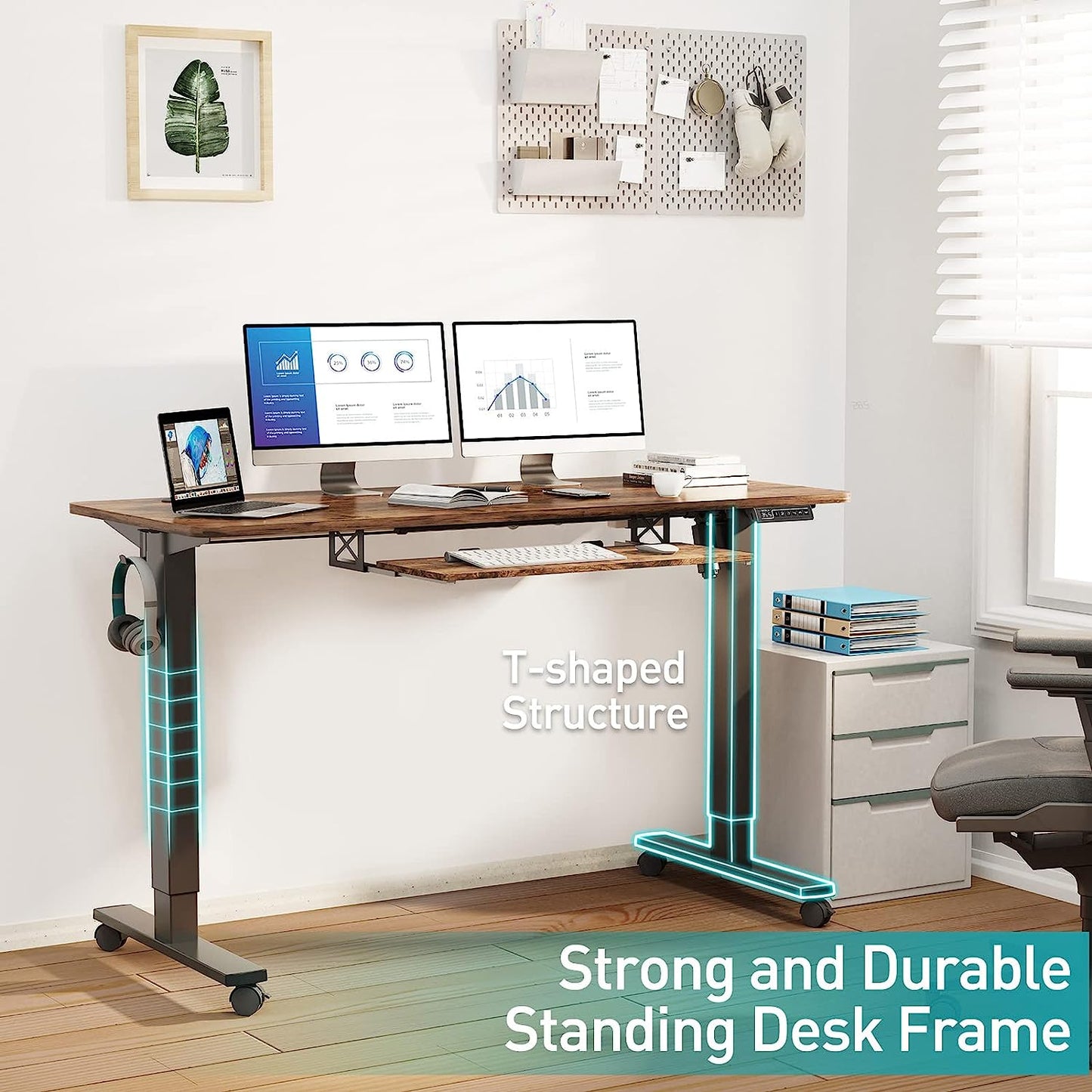 WOKA Electric Standing Desk with Keyboard Tray, 55" x 24" Stand Up Desk, Height Adjustable Sit Stand Desk with Memory Controller for Home Office, Motorized Desk with Splice Board, Rustic