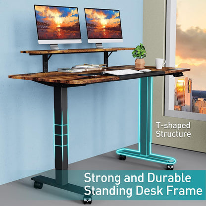 WOKA 55 x 28 Inch Electric Standing Desk with Wheels, Height Adjustable Stand up Desk with a Monitor Stand Riser, Standing Computer Desk with Memory Controllers, Adjustable Desks for Home Office