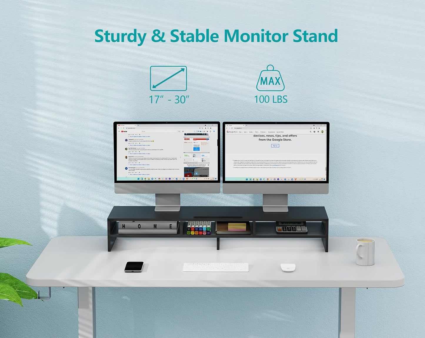 Zimilar Large Dual Monitor Stand Riser, 2 Tiers Monitor Stand with Cellphone Holder, Wood Monitor Riser with Storage for Computer,Laptop, Monitor Stand Riser for 2 Monitors, Shelf Organizer for Desk