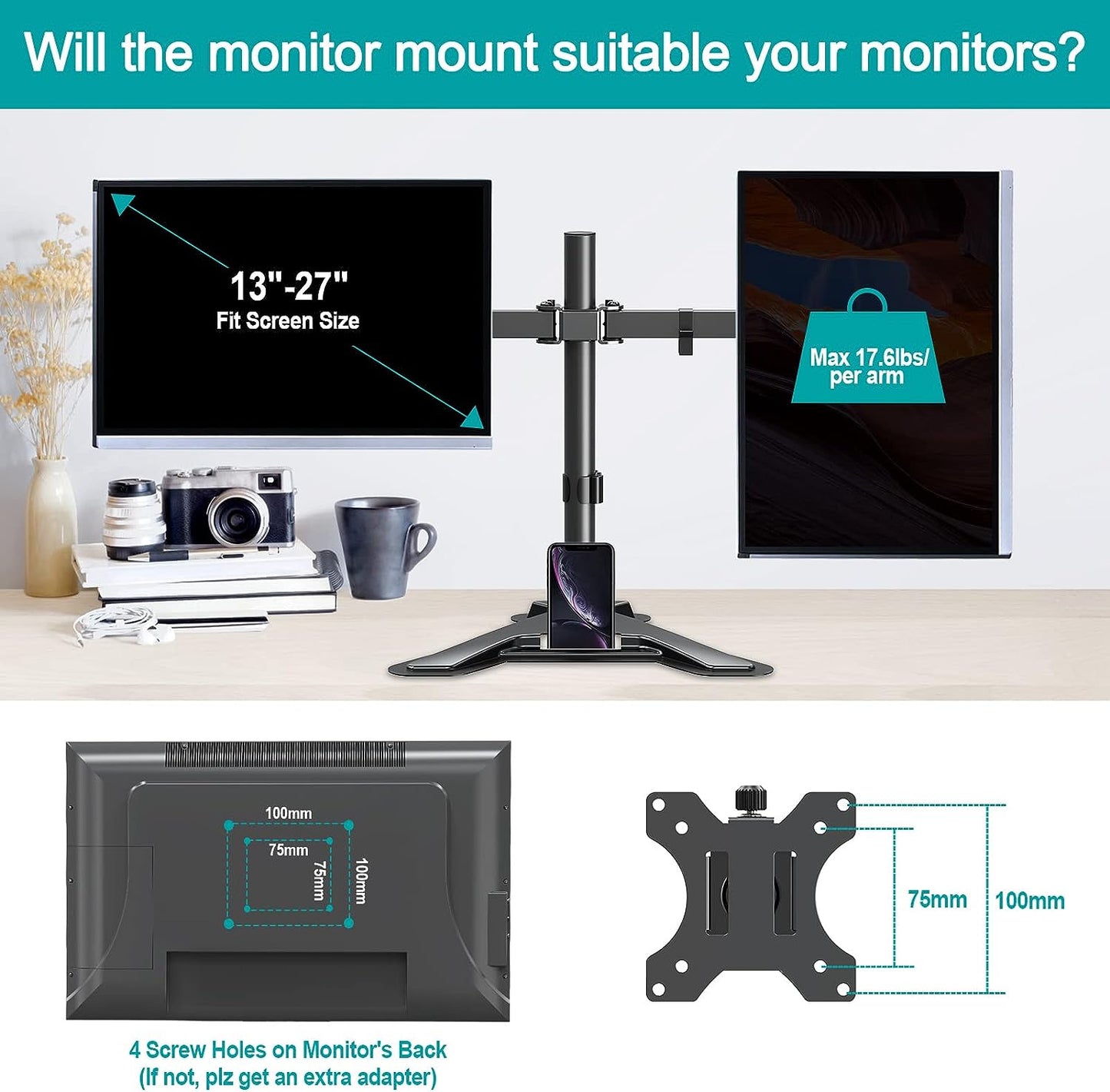 MOUNT PRO Dual Monitor Stand - Free Standing Full Motion Monitor Desk Mount Fits 2 Screens up to 27 inches,17.6lbs with Height Adjustable, Swivel, Tilt, Rotation, VESA 75x75 100x100, Black