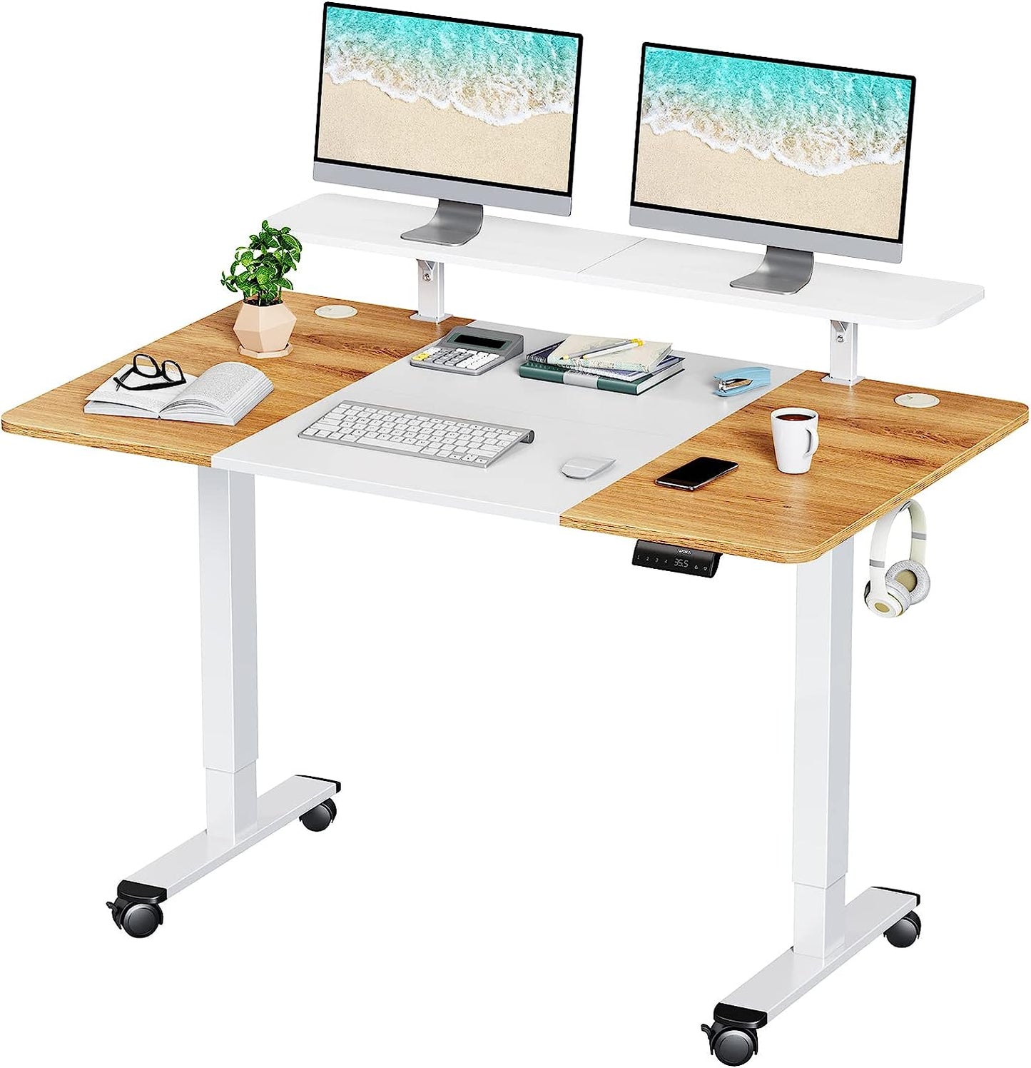 WOKA 55 x 28 Inch Electric Standing Desk with Wheels, Height Adjustable Stand up Desk with a Monitor Stand Riser, Standing Computer Desk with Memory Controllers, Adjustable Desks for Home Office