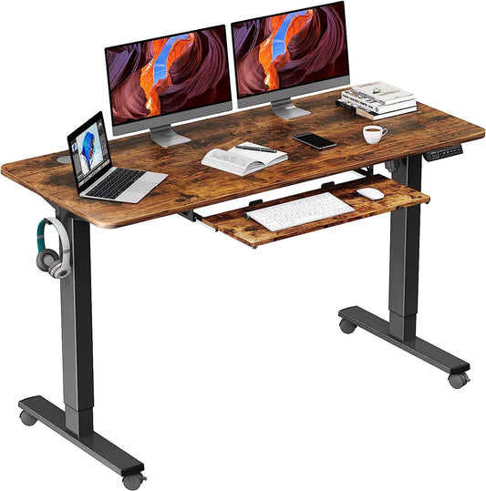 WOKA Electric Standing Desk with Keyboard Tray, 55" x 24" Stand Up Desk, Height Adjustable Sit Stand Desk with Memory Controller for Home Office, Motorized Desk with Splice Board, Rustic