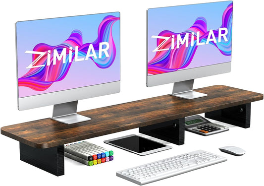 Zimilar Dual Monitor Stand Riser, Large Wood Computer Monitor Riser, Extra Long Monitor Stand for 2 Monitors with Storage for Office Accessories(Rust Brown)