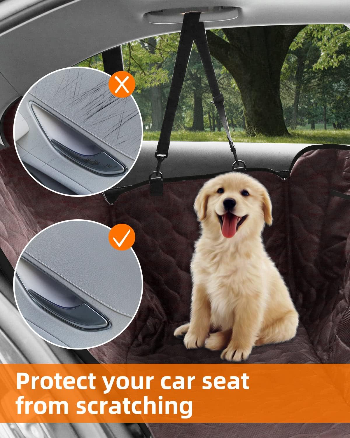 PETICON Dog Car Seat Cover for Back Seat, Waterproof Dog Seat Cover for Cars with Mesh Window, Scratchproof Back Seat Cover for Dogs, Nonslip Dog Hammock for Cars, Trucks, SUVs, Jeeps, Brown