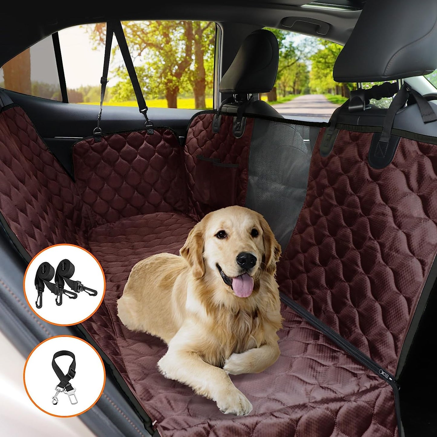 PETICON Dog Car Seat Cover for Back Seat, Waterproof Dog Seat Cover for Cars with Mesh Window, Scratchproof Back Seat Cover for Dogs, Nonslip Dog Hammock for Cars, Trucks, SUVs, Jeeps, Brown