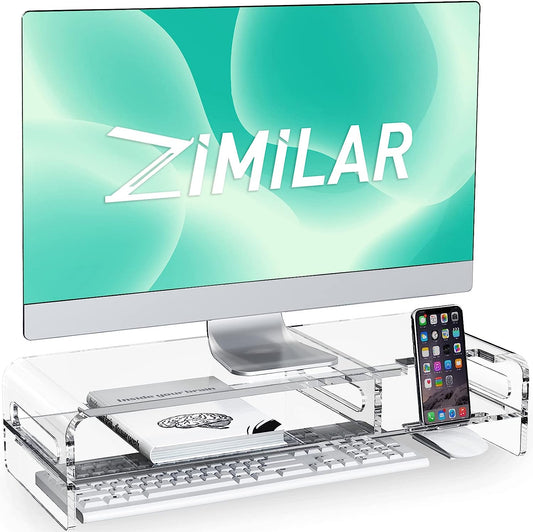 Zimilar Large Acrylic Monitor Stand Riser, 20 inch Acrylic Monitor Stand, 2-Tier Clear Monitor Stand Riser, Premium Acrylic Monitor Stand for Desk with Keyboard Storage, Clear Acrylic Laptop Stand with Built-in Phone Holder