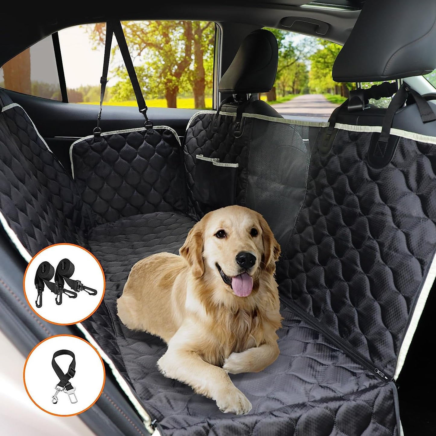 PETICON Dog Car Seat Cover for Back Seat, Waterproof Dog Seat Cover for Cars with Mesh Window, Scratchproof Back Seat Cover for Dogs, Nonslip Dog Hammock for Cars, Trucks, SUVs, Black and Beige
