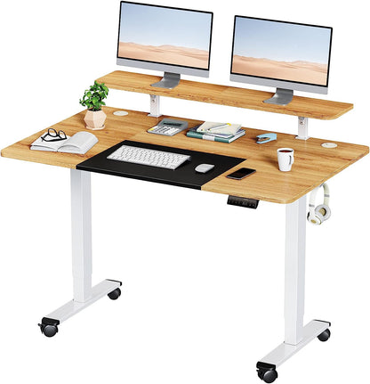 WOKA 55 x 28 Inch Electric Standing Desk with Wheels, Height Adjustable Stand up Desk with a Monitor Stand Riser, Standing Computer Desk with Memory Controllers, Adjustable Desks for Home Office