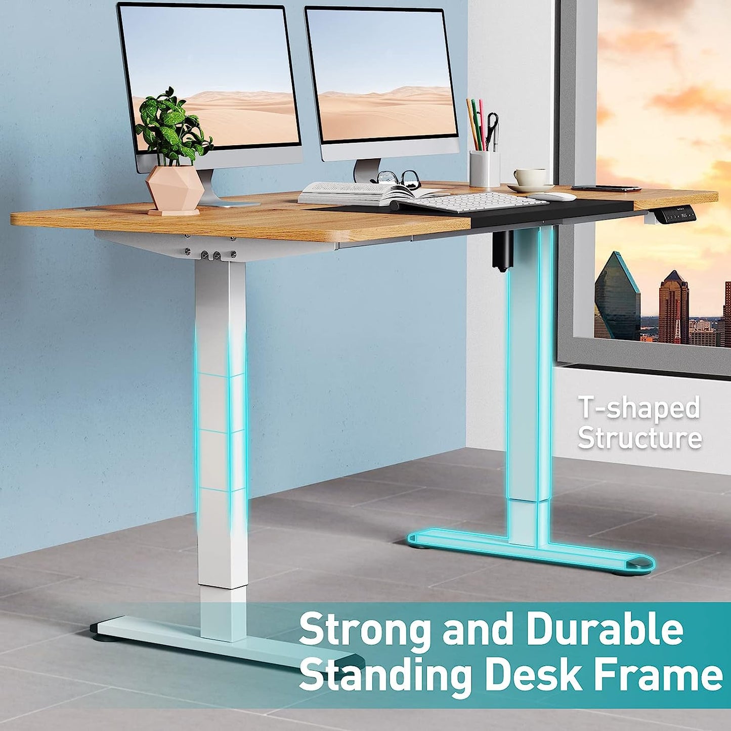 WOKA 55 x 28 Inch Electric Standing Desk, Height Adjustable Stand Up Desk, Sit Stand Desk with Memory Controllers, Adjustable Desk for Home Office with Black and Deep Oak Top and White Frame