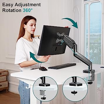 MOUNT PRO Single Monitor Desk Mount - Articulating Gas Spring Monitor Arm, Removable VESA Mount Desk Stand with Clamp and Grommet Base - Fits 13 to 32 Inch LCD Computer Monitors, VESA 75x75, 100x100