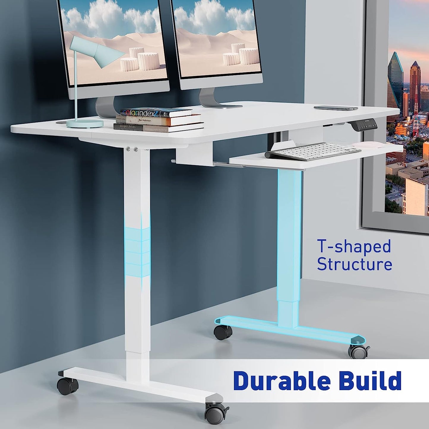 WOKA Electric Standing Desk Adjustable Height, 48 x 24 Inches Stand up Desk with Keyboard Tray, Sit Stand Desk with Memory Controller for Home Office, Motorized Desk with Splice Board, White