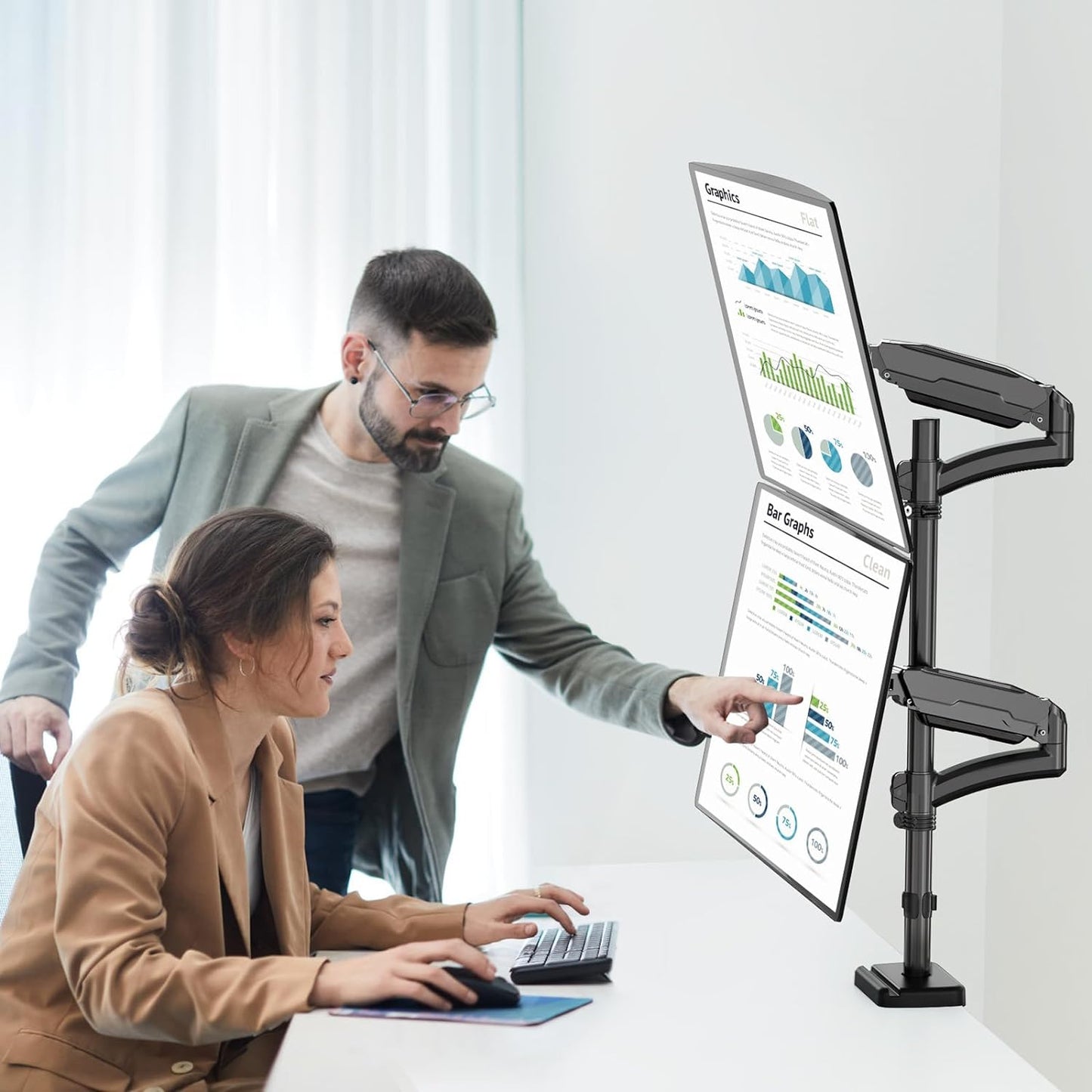 MOUNT PRO Vertical Dual Monitor Mount, Stacked Monitor Stand for 2 Computer Screens up to 32 inches, Fully Adjustable Gas Spring Monitor Desk Mount, Each Monitor Arm Holds up to 19.8lbs, VESA Mount