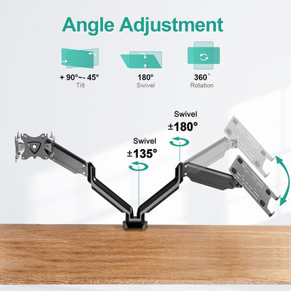 MOUNT PRO Monitor and Laptop Mount Fits Max 17" Notebook and 32" Computer Screen, Adjustable Laptop and Monitor Stand for Desk, VESA Monitor Mount with Laptop Tray, Each Arm Holds up to 17.6lbs