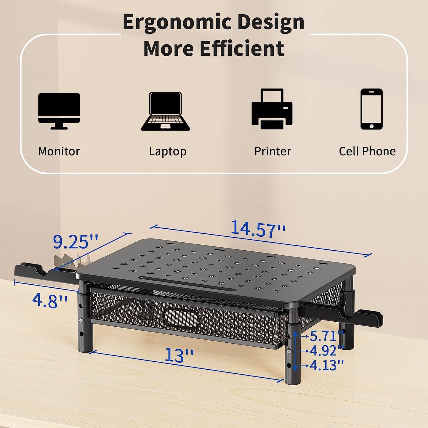 Zimilar Monitor Stand Riser with Metal Mesh Drawer, Height Adjustable Phone Holder for Computer, Laptop, Printer, Notebook, Premium Computer Storage