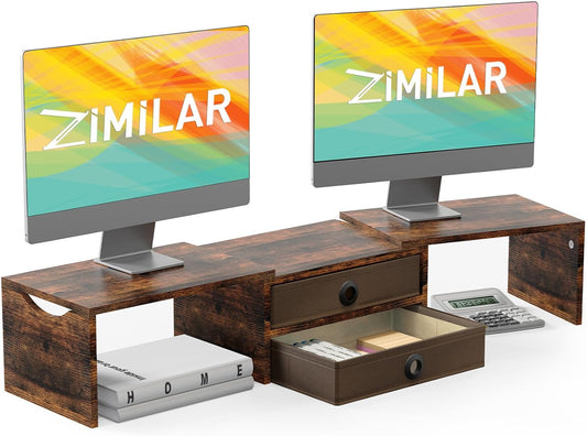 Zimilar Dual Monitor Stand Riser with 2 Drawers, Wood Monitor Riser for 2 Monitors, Length and Angle Adjustable Monitor Stand with Storage, Desktop Organizer Stand for Computer,Laptop,Printer