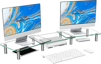 Zimilar Dual Glass Monitor Stand Riser, 3-Shelf Tempered Glass Monitor Stand, Clear Monitor Riser for 2 Monitors, Adjustable Length& Angle Computer Monitor Riser for Computer, Laptop, PC