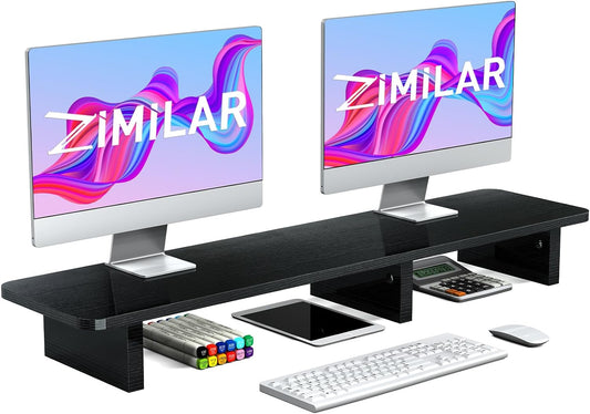 Zimilar Dual Monitor Stand Riser, Large Wood Computer Monitor Riser, Extra Long Monitor Stand for 2 Monitors with Storage for Office Accessories(Black)