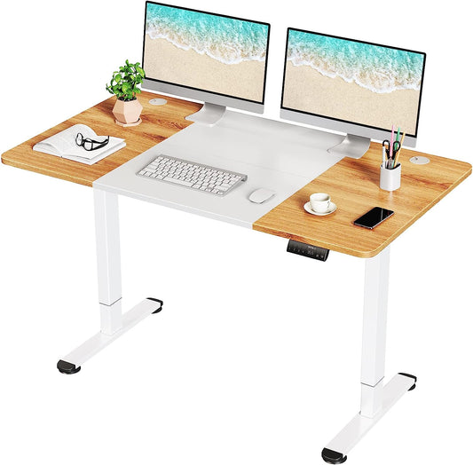 WOKA 55 x 28 Inch Electric Standing Desk, Height Adjustable Stand Up Desk, Sit Stand Desk with Memory Controllers, Adjustable Desk for Home Office with Deep Oak and White Top and White Frame