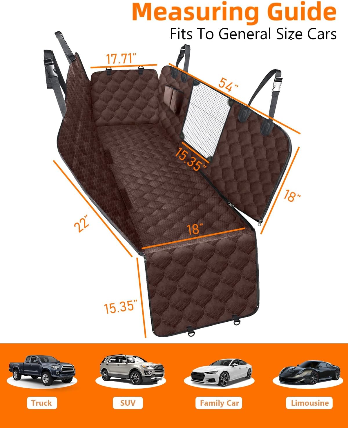 PETICON Dog Car Seat Cover for Back Seat, Waterproof Dog Seat Cover for Cars with Mesh Window, Scratchproof Back Seat Cover for Dogs, Nonslip Dog Hammock for Cars, Trucks, SUVs, Jeeps, Brown